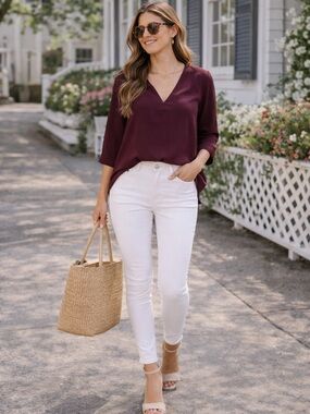 Burgundy 3/4 Sleeve Blouse Size S | V-Neck, Year-Round Staple